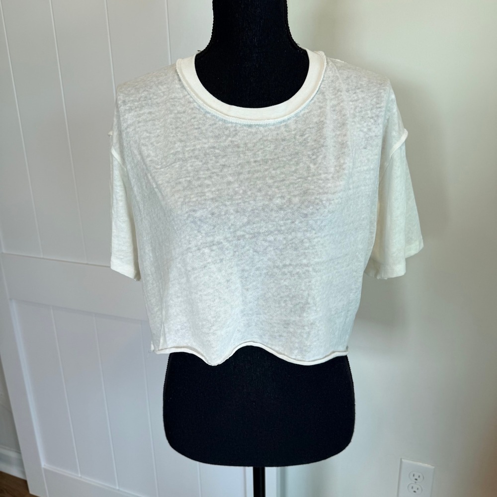 We The Free Free People White Cropped Tee Shirt Small Boxy Semi-Sheer Slub Knit